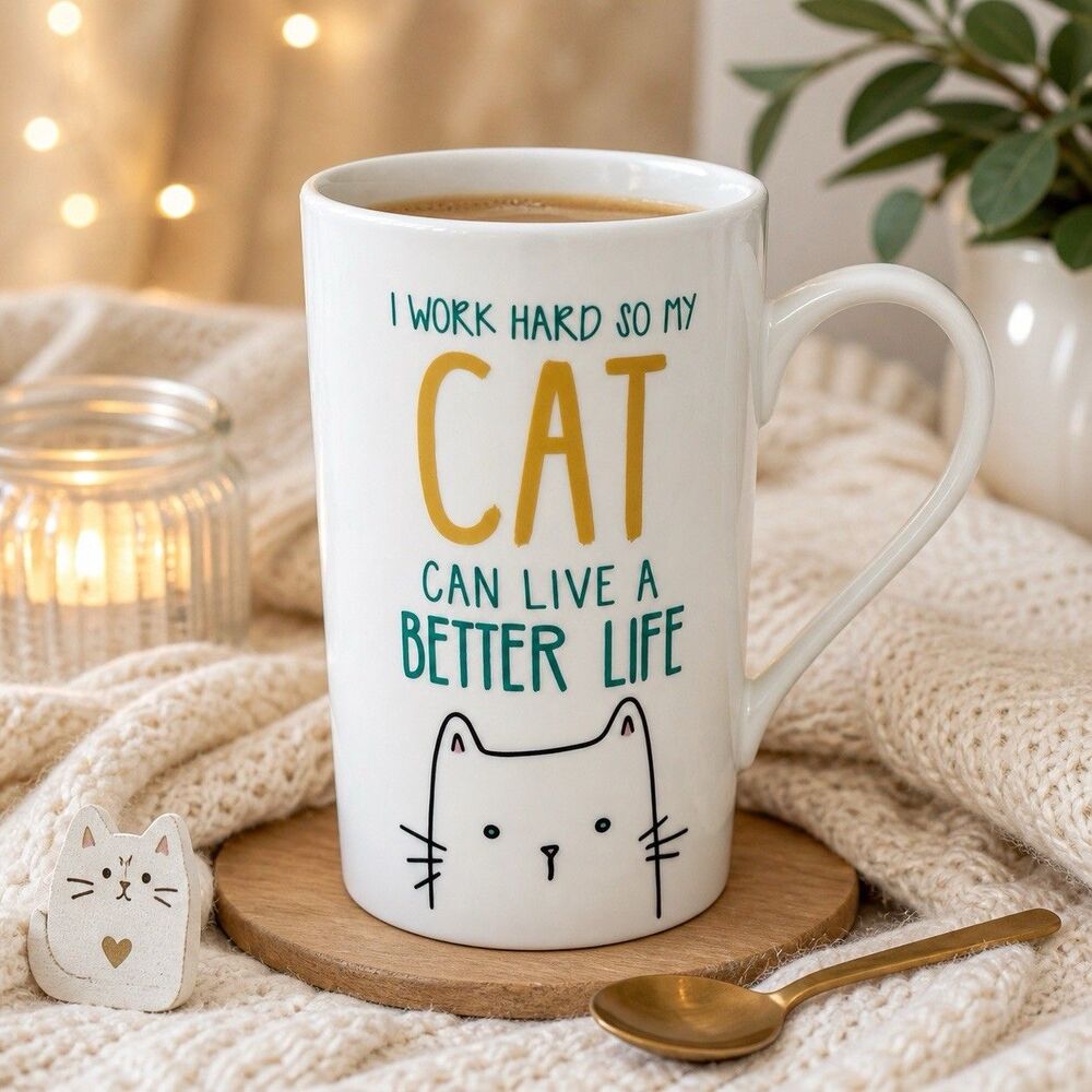 Clay Art “I Work Hard So My Cat Can Live A Better Life” Tall Coffee Mug 20oz